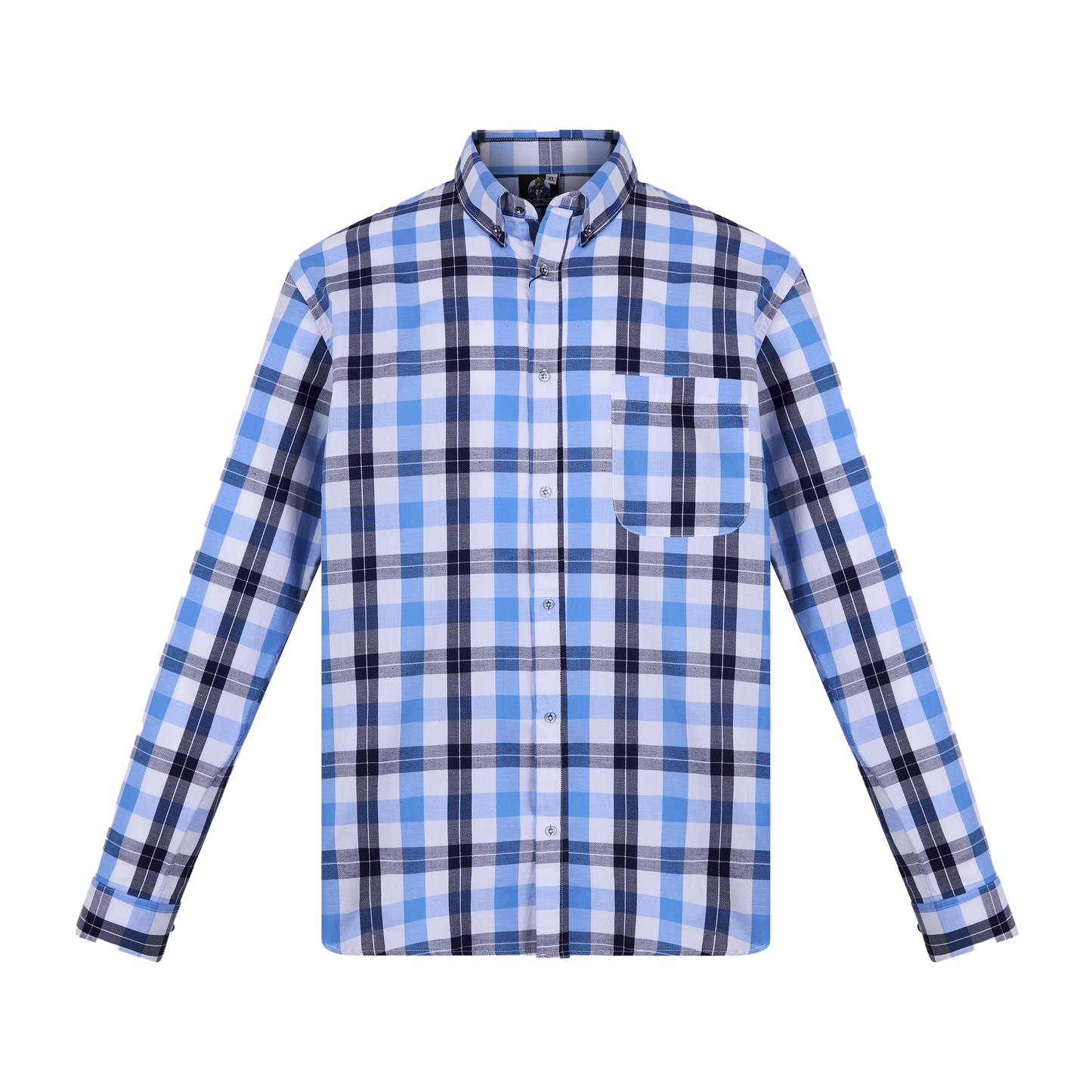 Camisa de manga larga a cuadros azul con bolsillo