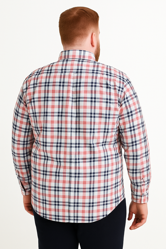 Camisa de manga larga a cuadros en tonos rosa, azul marino y beige