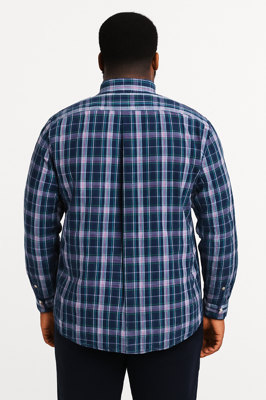 Camisa de manga larga a cuadros azul con bolsillo