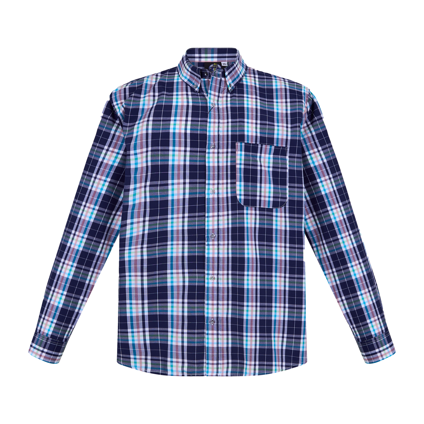 Camisa de manga larga a cuadros azul con bolsillo