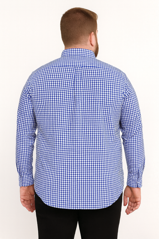 Camisa de manga larga a cuadros azul y blanco con bolsillo