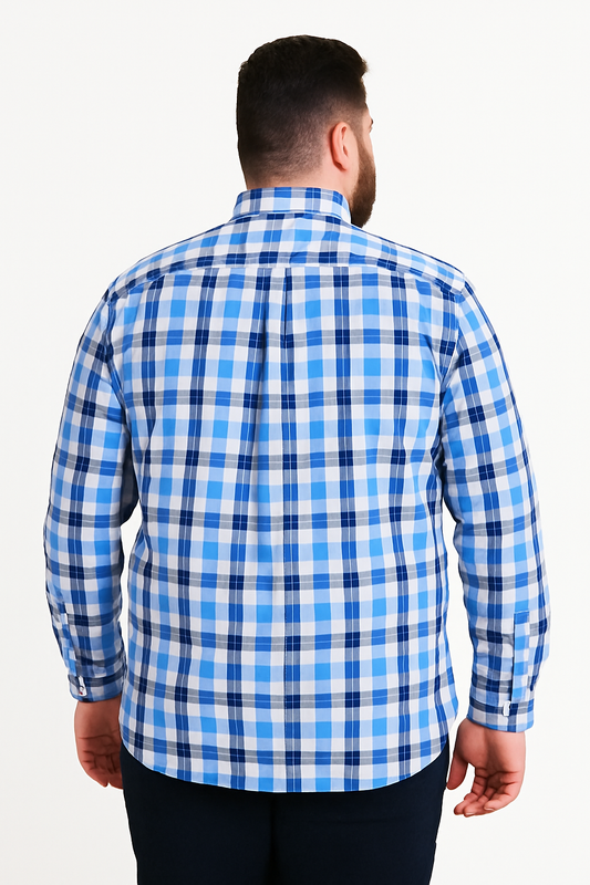 Camisa de manga larga a cuadros azul con bolsillo