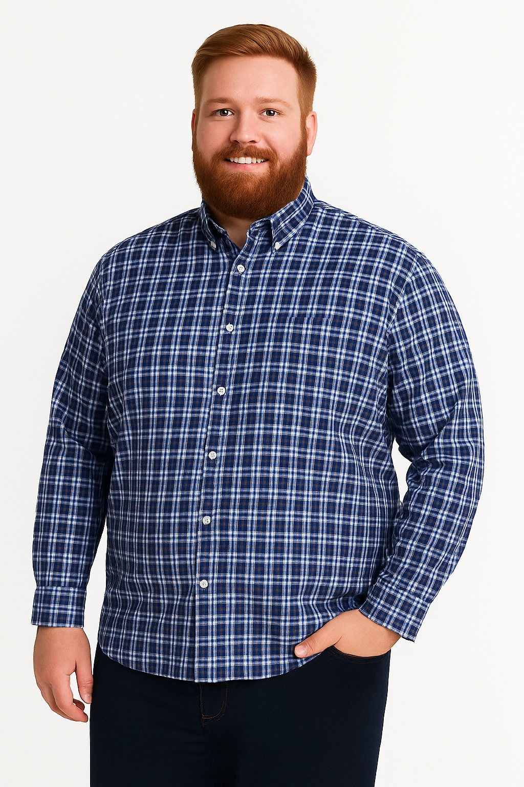 Camisa de manga larga a cuadros azul con bolsillo