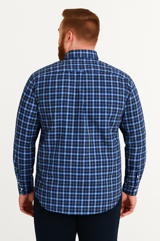 Camisa de manga larga a cuadros azul con bolsillo