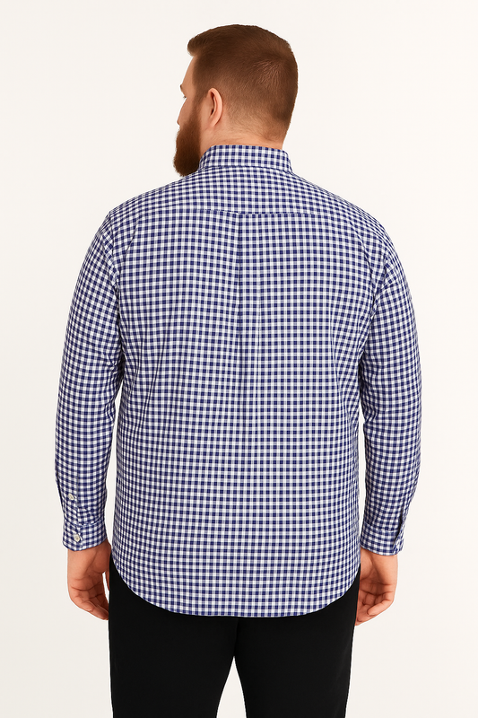 Camisa de manga larga a cuadros azul y blanco con bolsillo