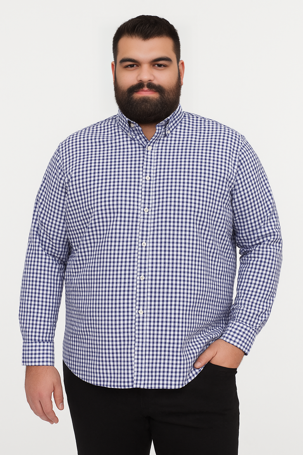 Camisa de manga larga cuadros azul marino con bolsillo