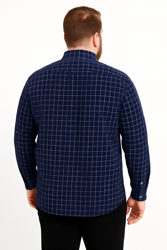 Camisa de manga larga a cuadros azul marino con líneas blancas