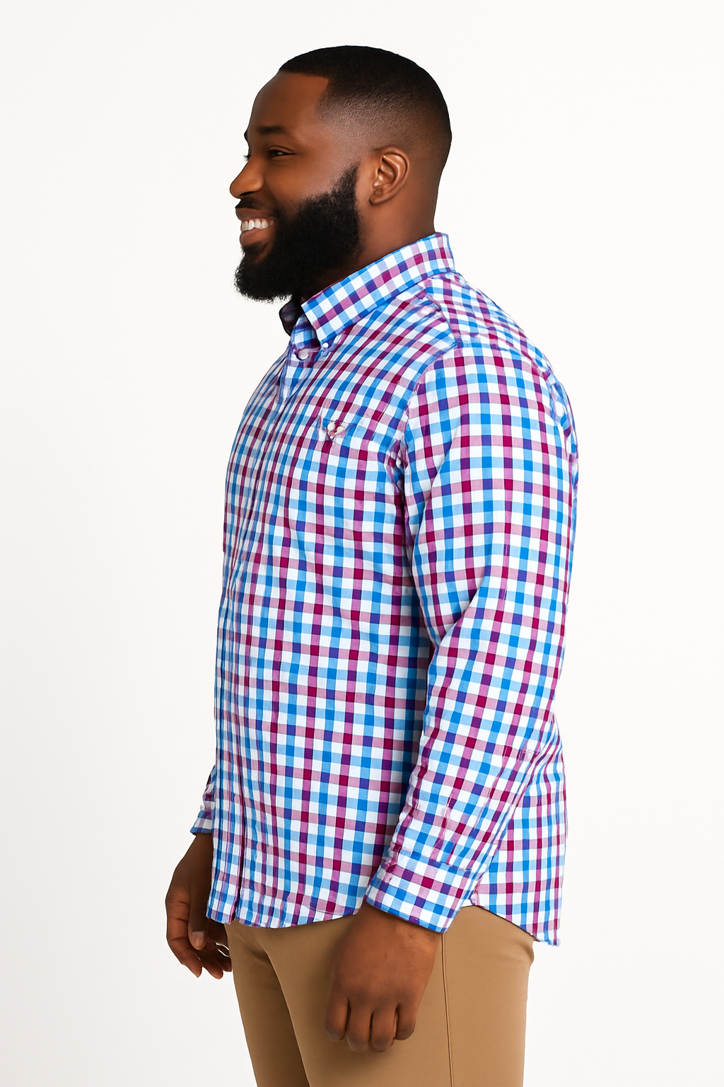 Camisa de manga larga a cuadros turquesa y morado