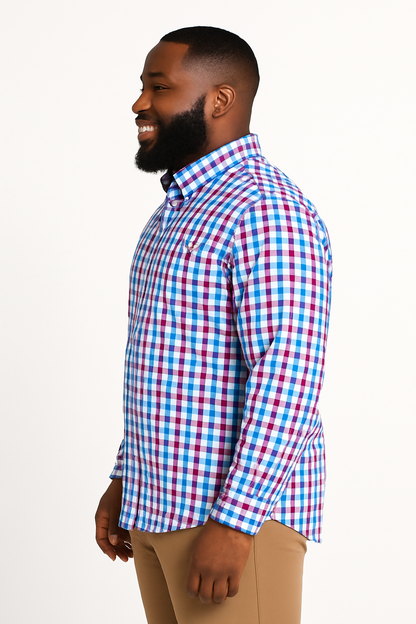 Camisa de manga larga a cuadros turquesa y morado