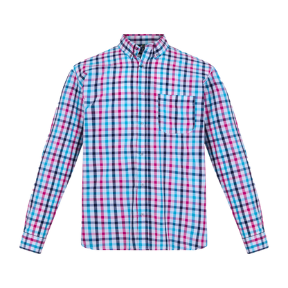 Camisa de manga larga a cuadros turquesa y morado