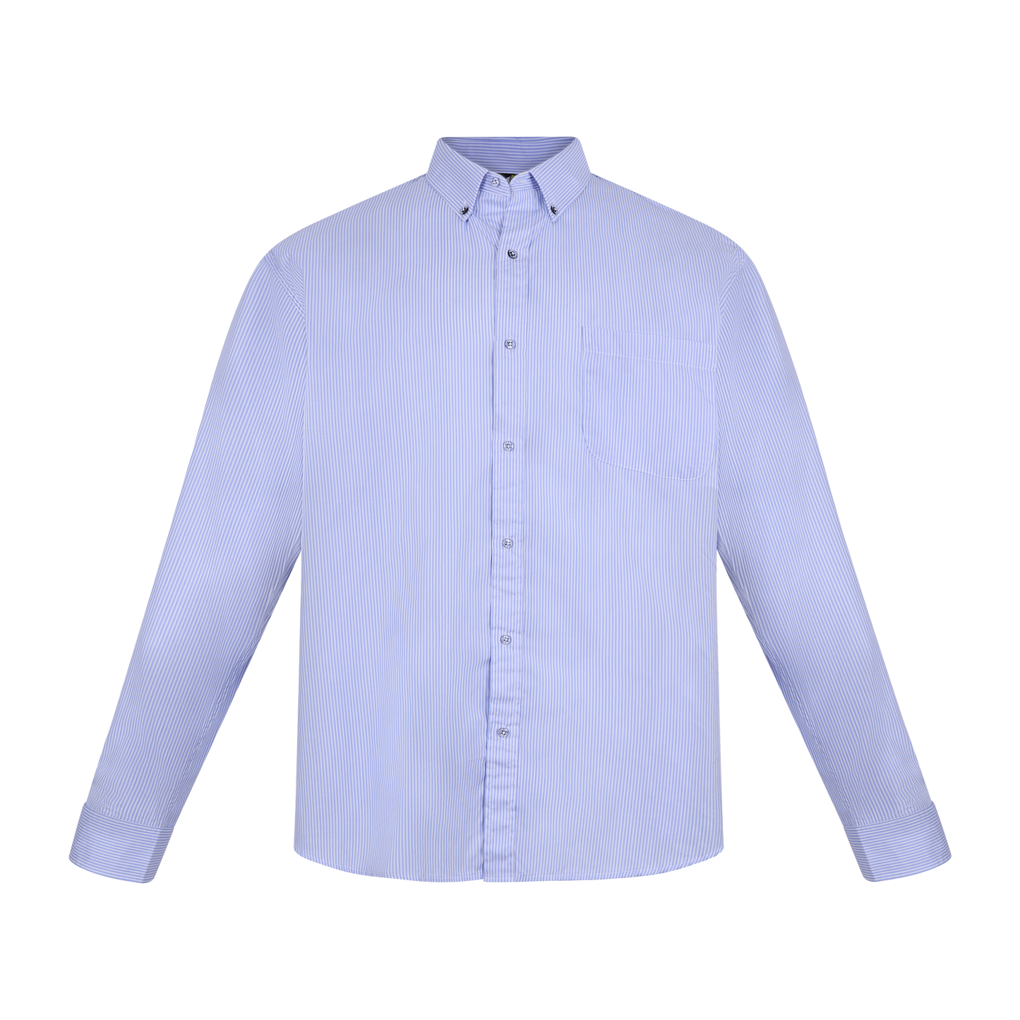 Camisa de manga larga azul claro con rayas finas y bolsillo