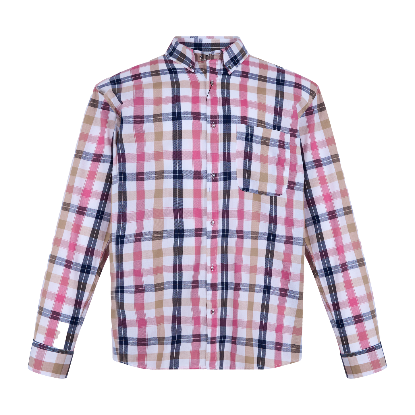 Camisa de manga larga a cuadros en tonos rosa, azul marino y beige