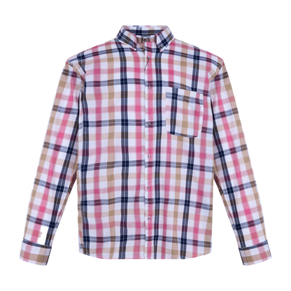 Camisa de manga larga a cuadros en tonos rosa, azul marino y beige