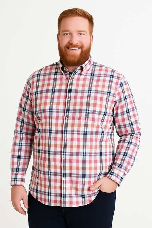 Camisa de manga larga a cuadros en tonos rosa, azul marino y beige