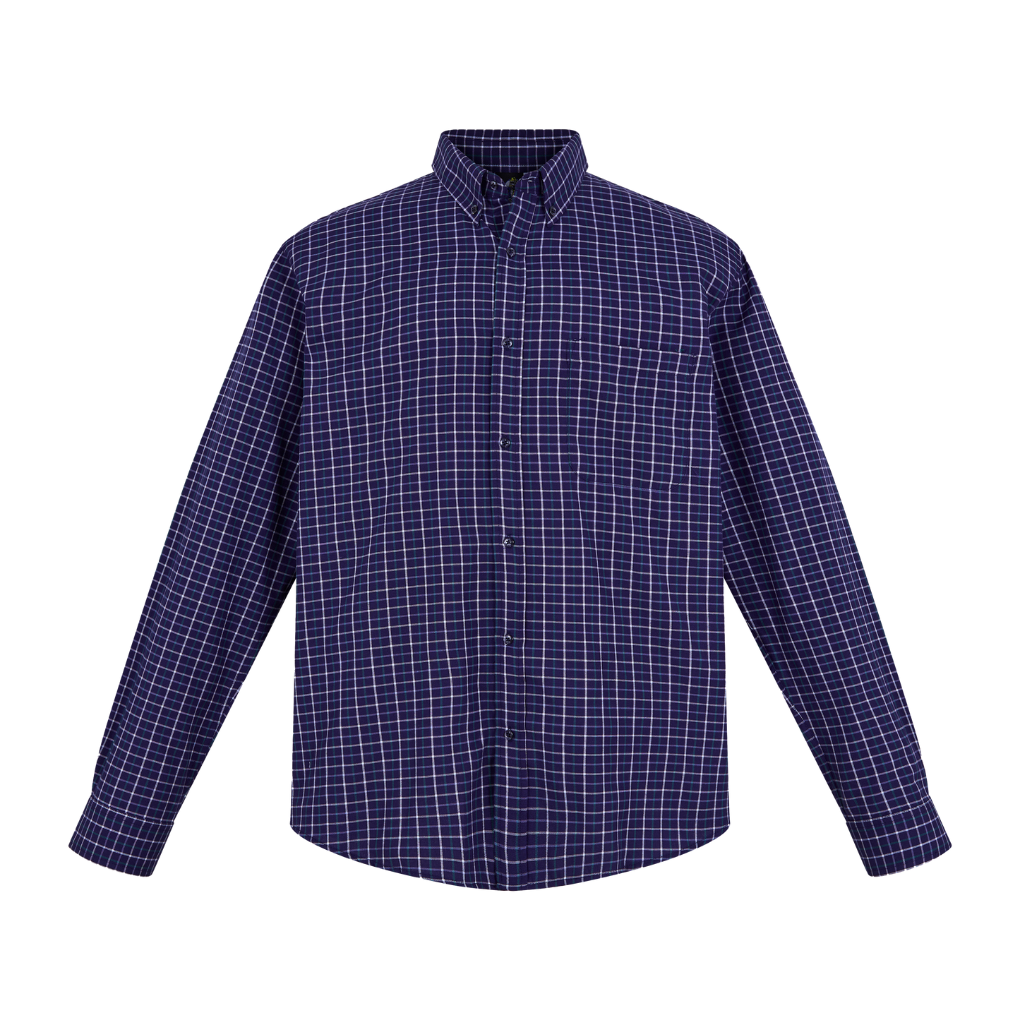 Camisa de manga larga a cuadros azul marino con líneas blancas