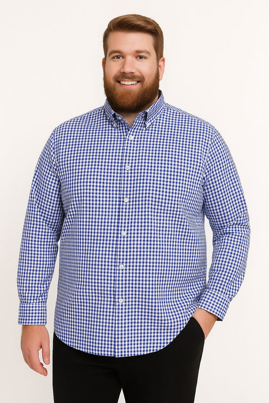 Camisa de manga larga a cuadros azul y blanco con bolsillo