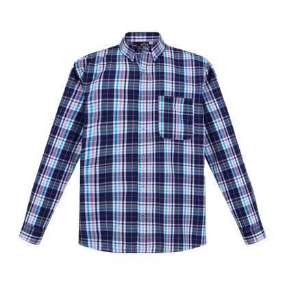 Camisa de manga larga a cuadros azul con bolsillo