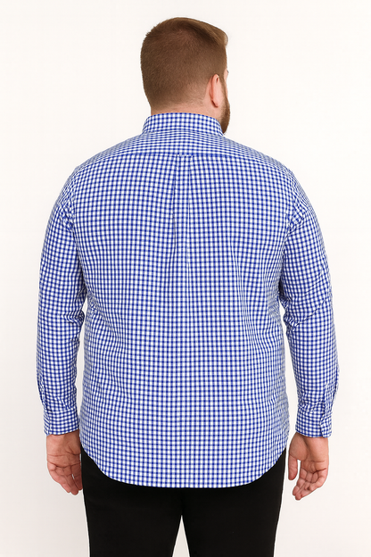 Camisa de manga larga a cuadros azul y blanco con bolsillo