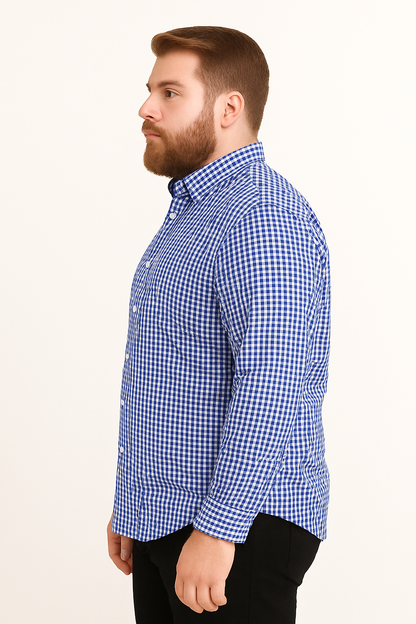 Camisa de manga larga a cuadros azul y blanco con bolsillo