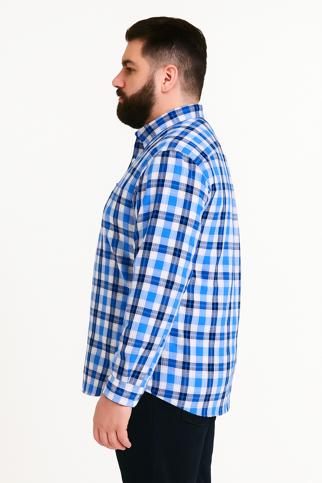 Camisa de manga larga a cuadros azul con bolsillo
