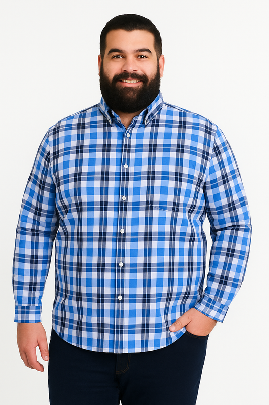 Camisa de manga larga a cuadros azul con bolsillo