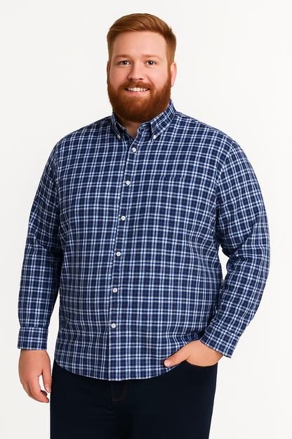 Camisa de manga larga a cuadros azul con bolsillo
