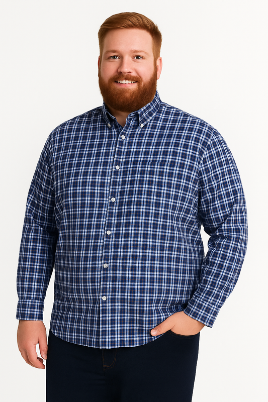 Camisa de manga larga a cuadros azul con bolsillo