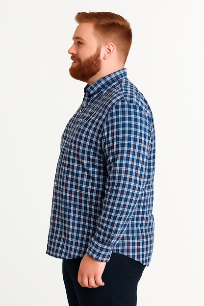 Camisa de manga larga a cuadros azul con bolsillo