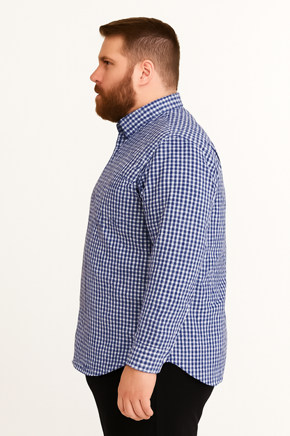 Camisa de manga larga a cuadros azul y blanco con bolsillo
