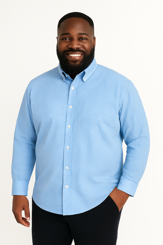 Camisa de manga larga azul claro con microcuadro