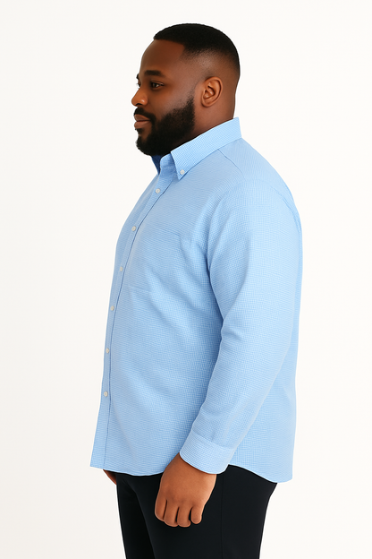 Camisa de manga larga azul claro con microcuadro