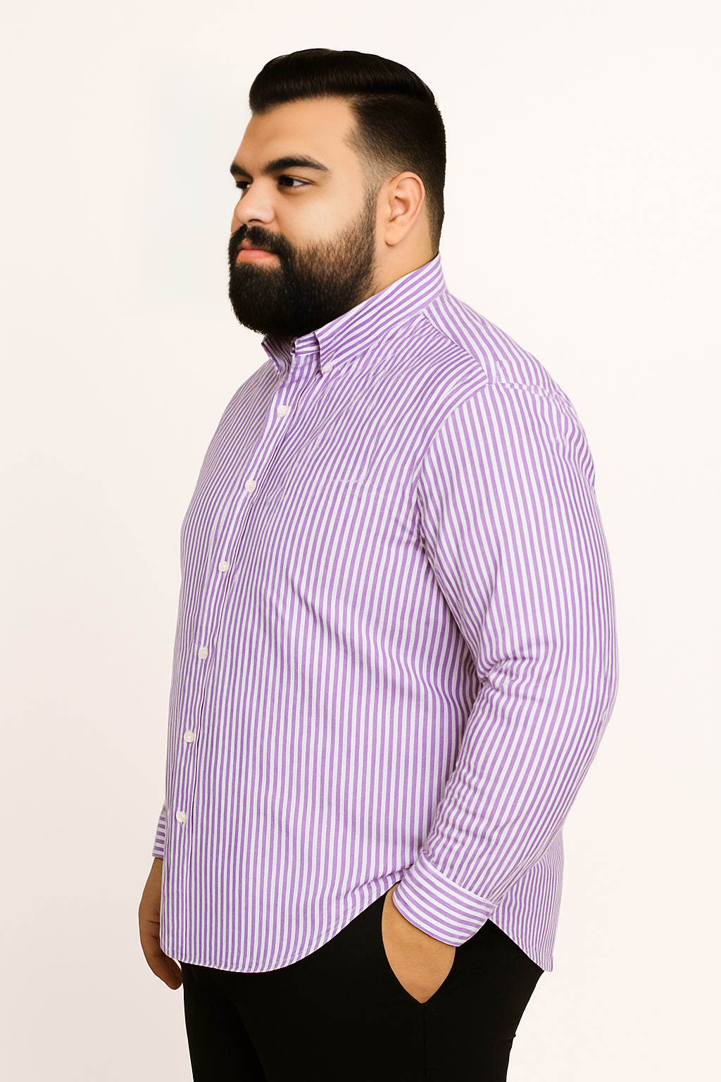 Camisa de manga larga a rayas lila con bolsillo