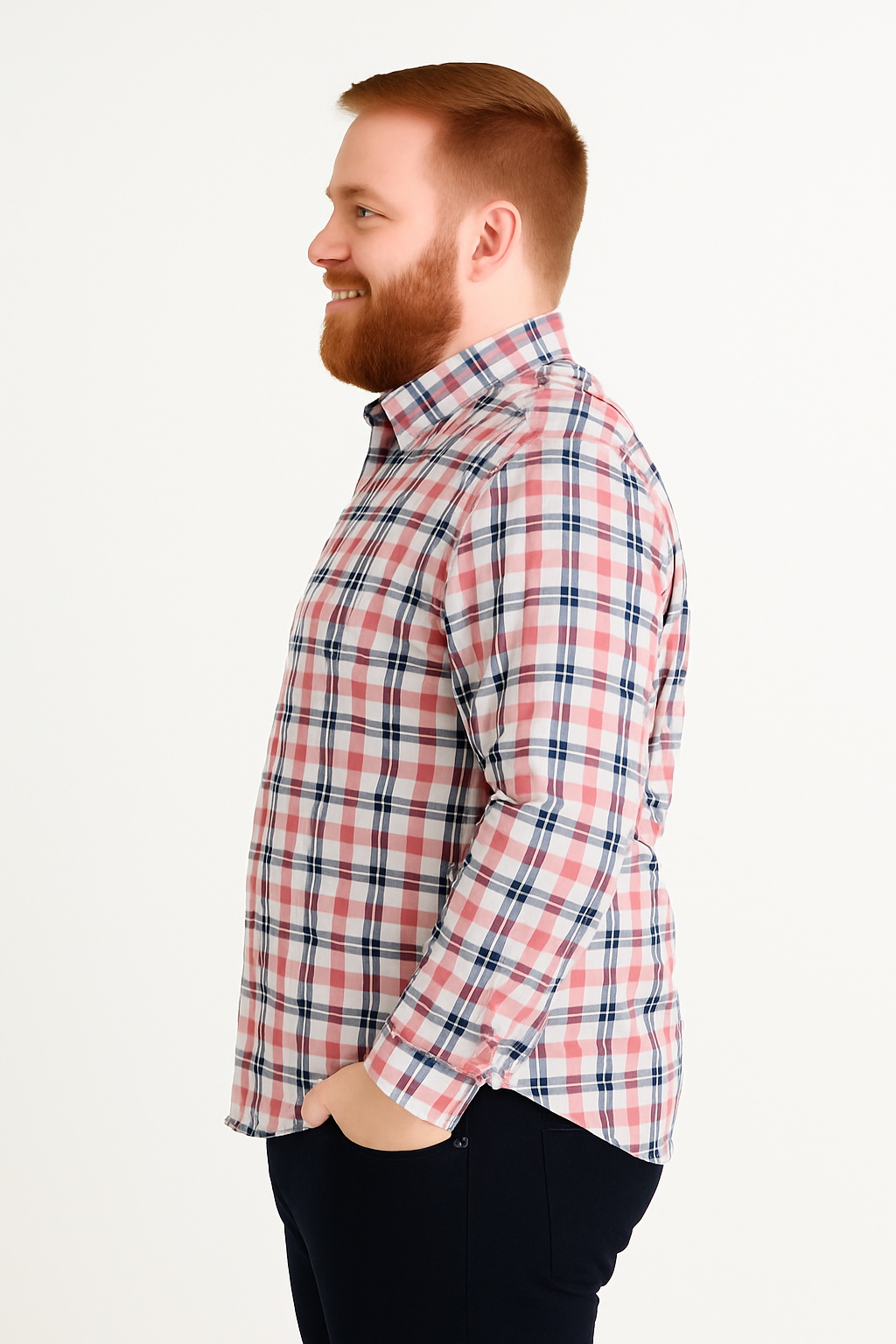 Camisa de manga larga a cuadros en tonos rosa, azul marino y beige