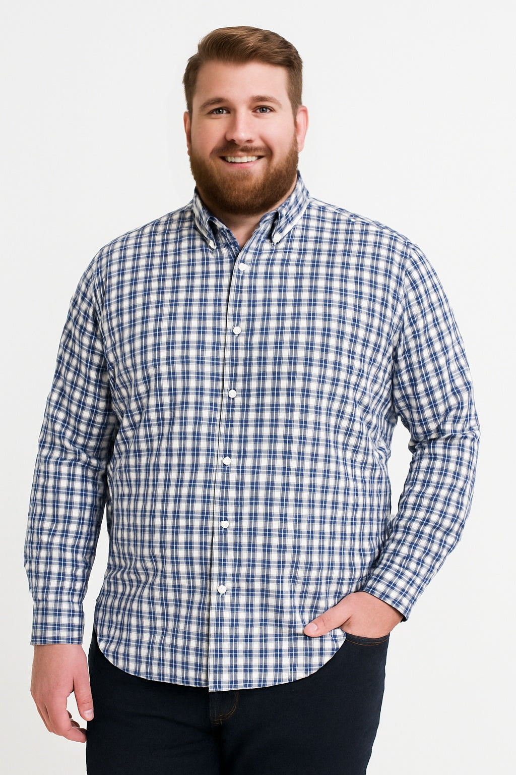 Camisa de manga larga a cuadros azul marino