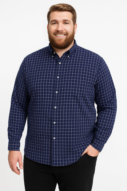 Camisa de manga larga a cuadros azul marino con líneas blancas