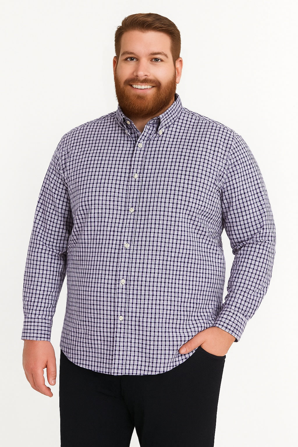 Camisa de manga larga a cuadros azul y blanco con bolsillo